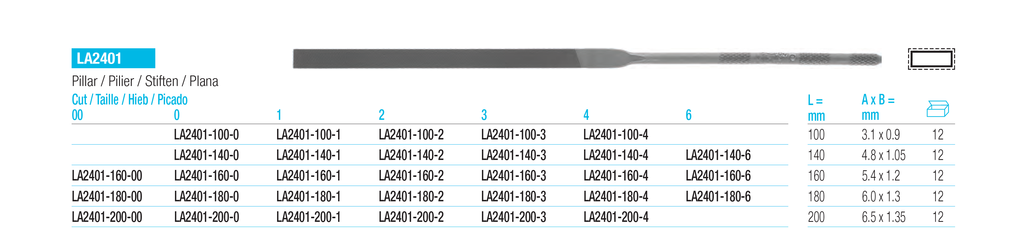 Glardon Vallorbe Pillar Needle Files Specifications image vallorbe-la2401-pillar-needle-file-kyg1183-spec-01.png